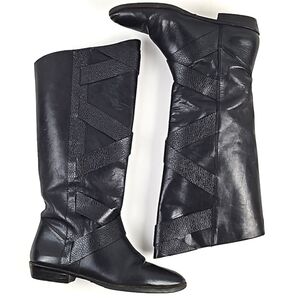 Vintage 9 West Black Leather Criss Cross Strap Knee High Tall Flat Heel Boot